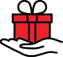 Ilustration of a hand holding a red gift box with a ribbon.